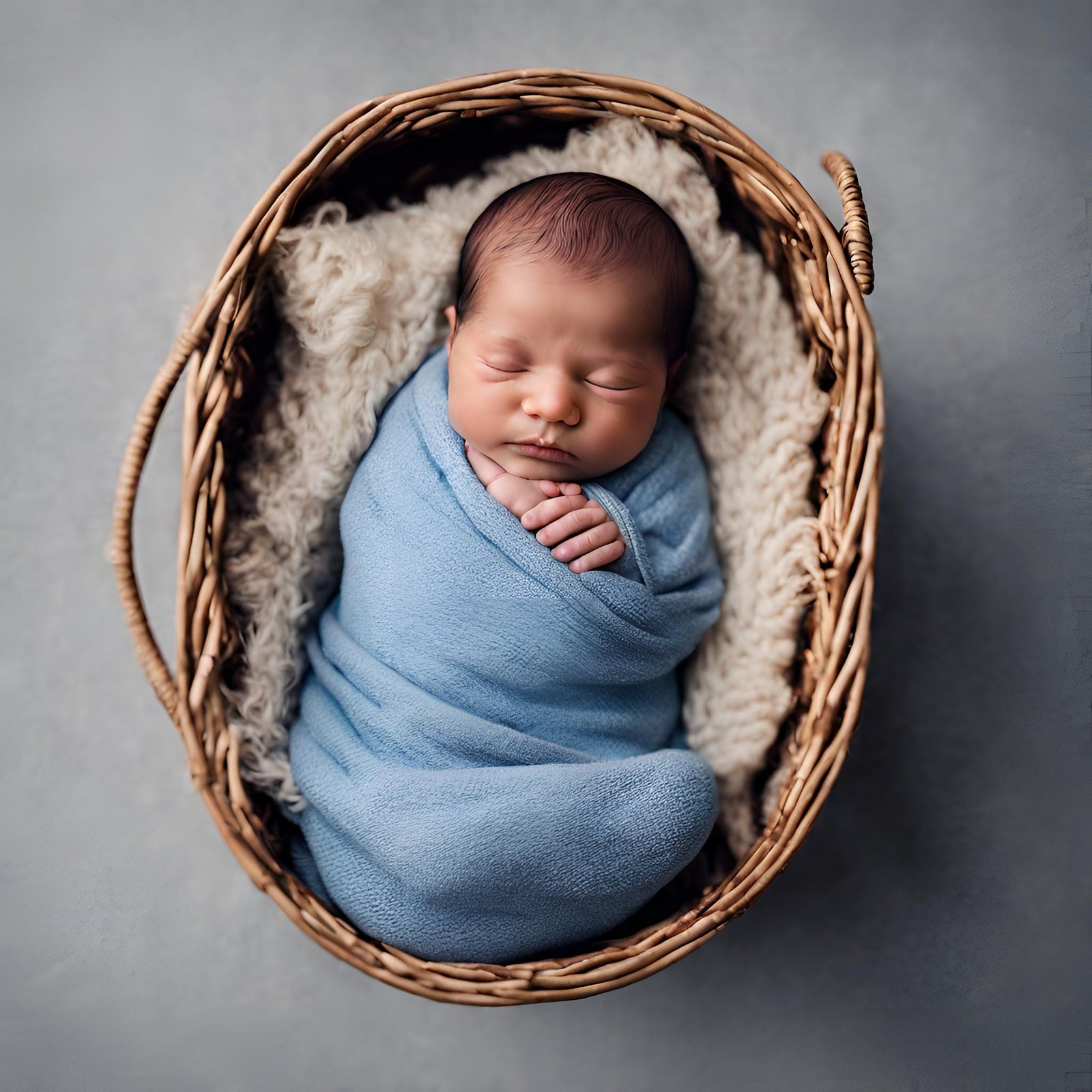 new born baby boy in basket with blue clothes