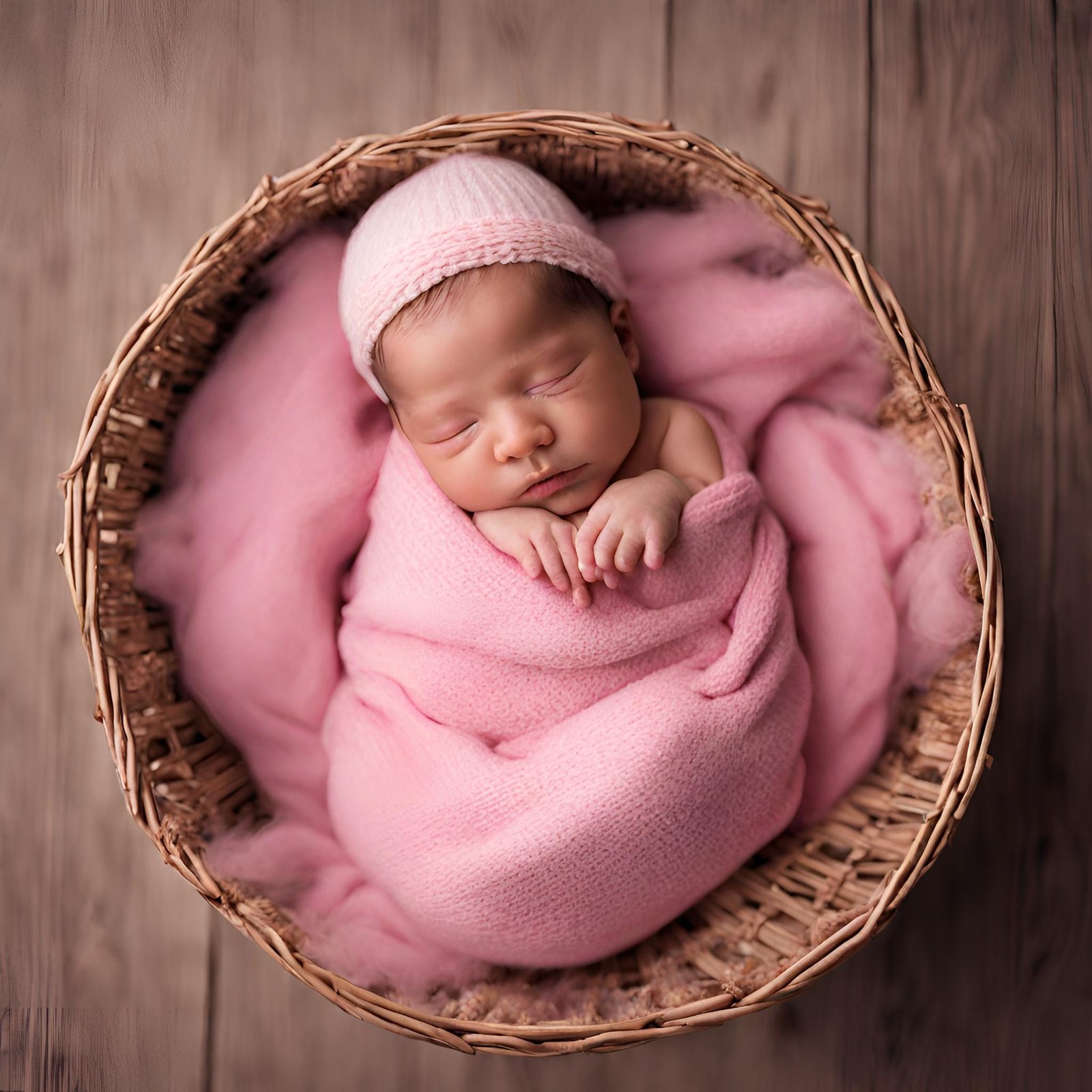 baby girl sleeping in basket in pink clothes
