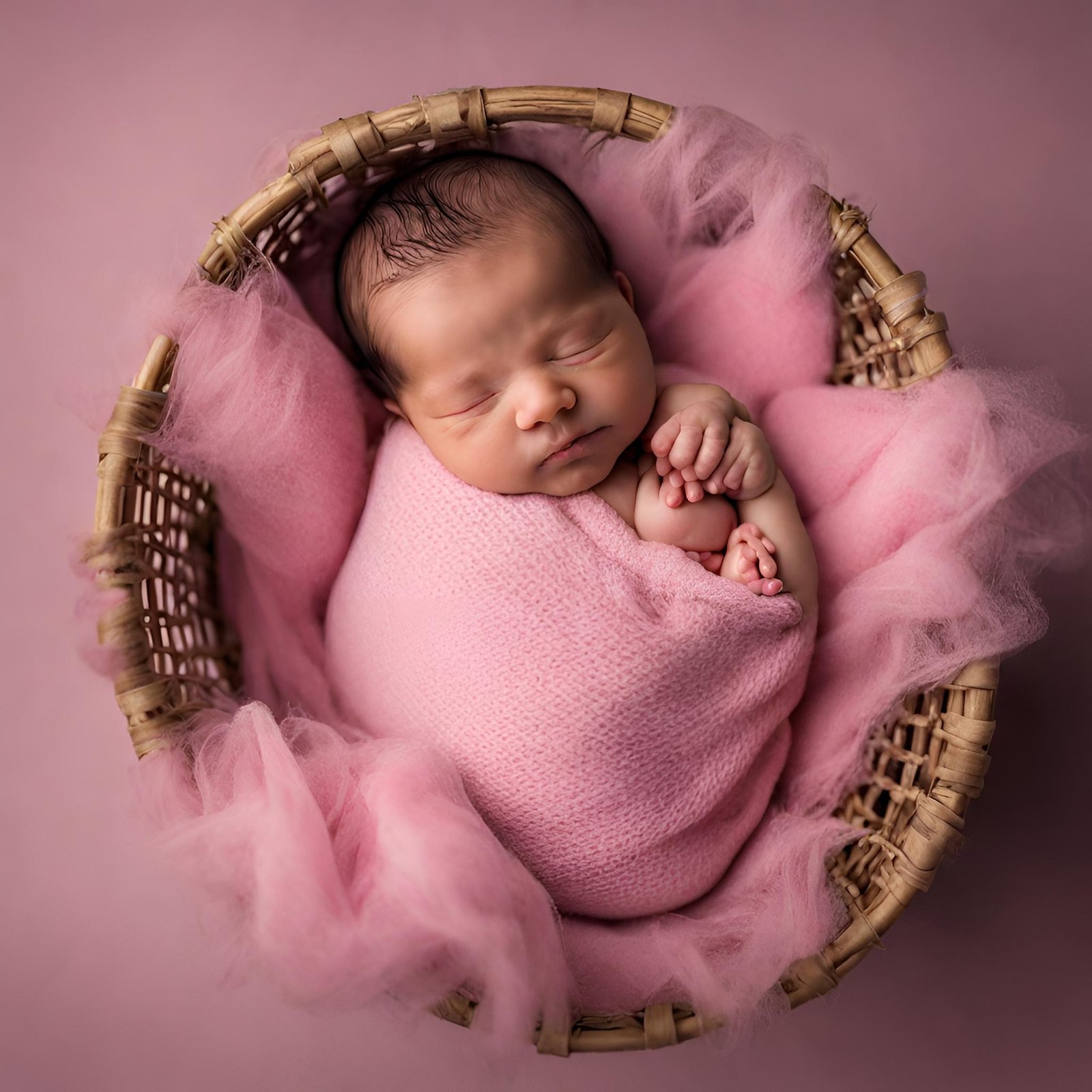 new born baby girl sleeping in pink clothes in basket